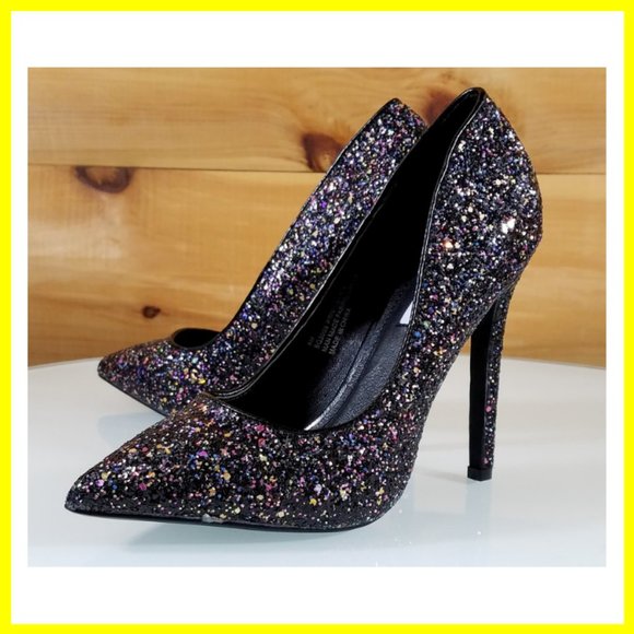 NWT Glitter Pointy Toe Stiletto Pumps Heels Black - Picture 6 of 10